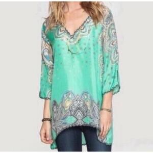JOHNNY WAS Womens V-Neck Silk Top Mint Green Multicolor Tunic Top Large?